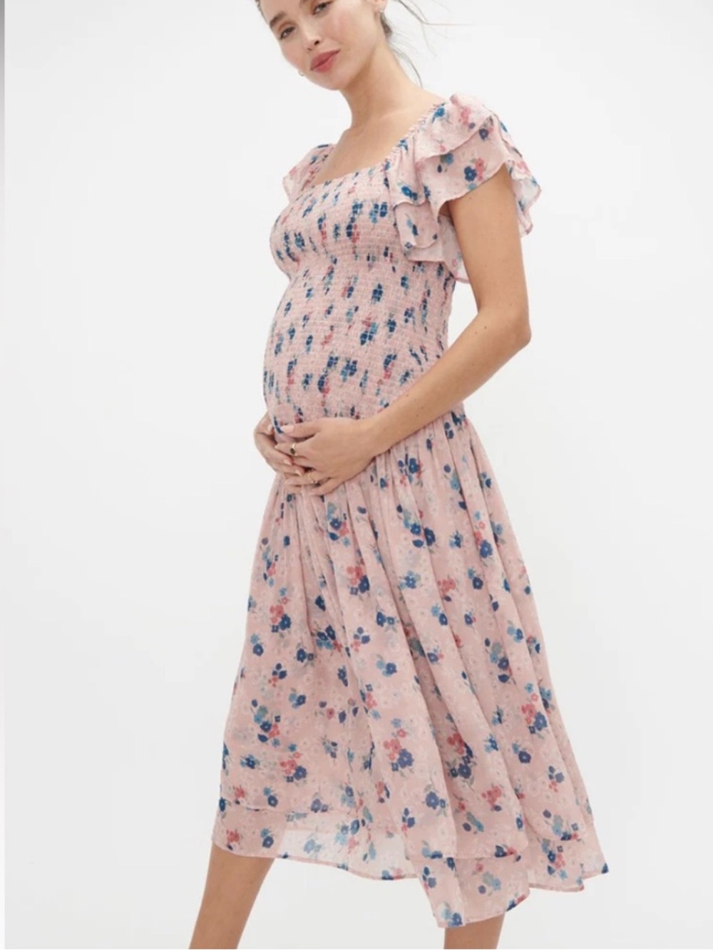 Hatch “The Cosette” Pink Floral Smocked Midi Maternity Dress